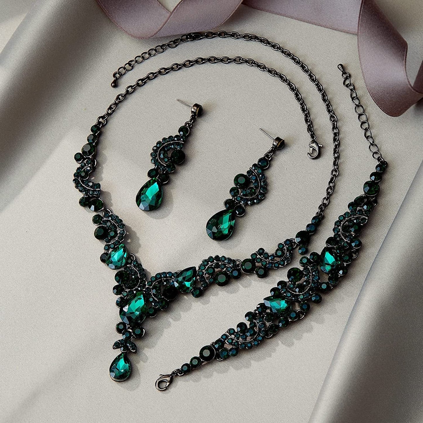 EVER FAITH Rhinestone Crystal Bridal Art Deco Floral Wave Teardrop Necklace Earrings Bracelet Jewelry Set