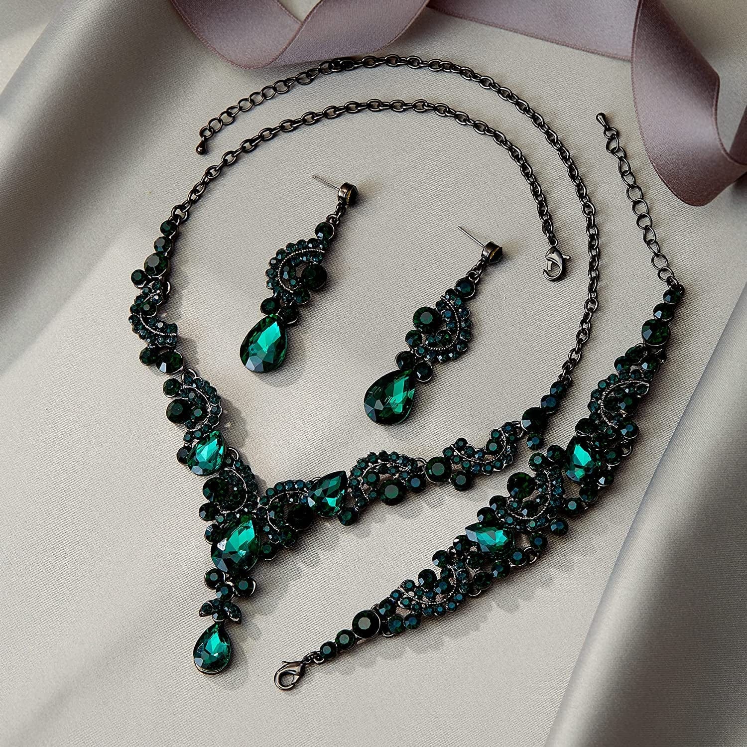 EVER FAITH Rhinestone Crystal Bridal Art Deco Floral Wave Teardrop Necklace Earrings Bracelet Jewelry Set