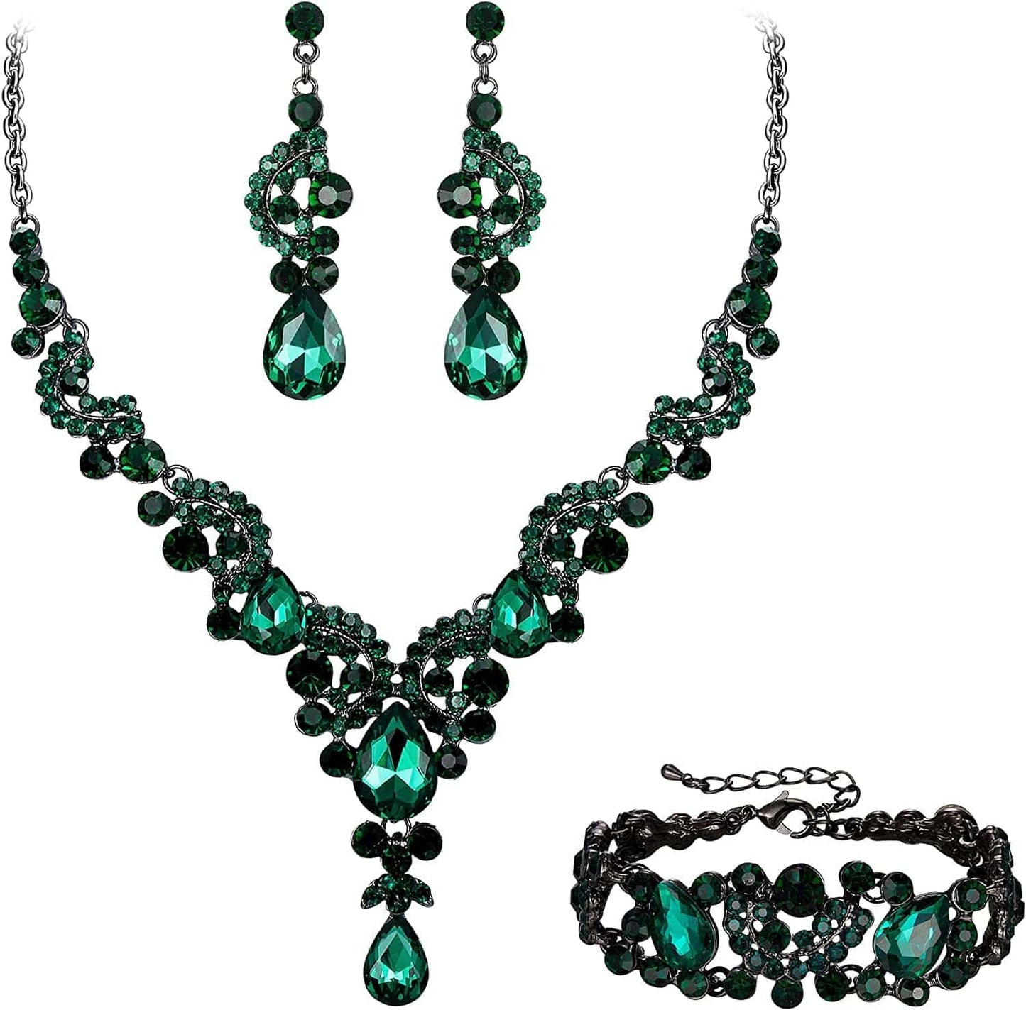 EVER FAITH Rhinestone Crystal Bridal Art Deco Floral Wave Teardrop Necklace Earrings Bracelet Jewelry Set 17_Green Black-Tone