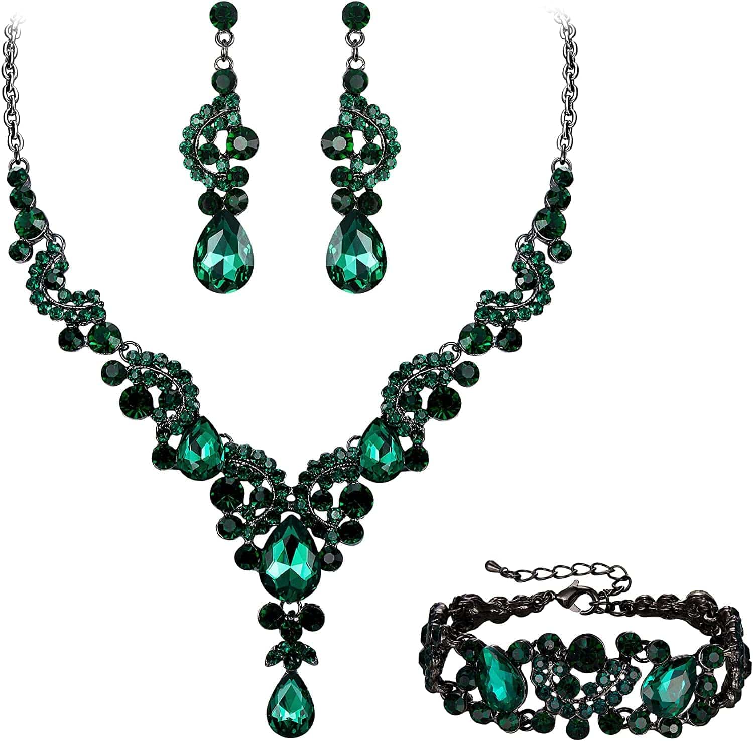 EVER FAITH Rhinestone Crystal Bridal Art Deco Floral Wave Teardrop Necklace Earrings Bracelet Jewelry Set 17_Green Black-Tone