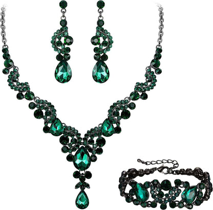 EVER FAITH Rhinestone Crystal Bridal Art Deco Floral Wave Teardrop Necklace Earrings Bracelet Jewelry Set 17_Green Black-Tone
