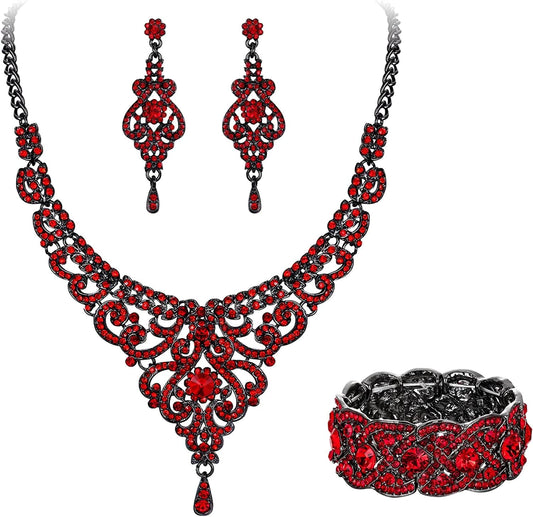 EVER FAITH Women'S Austrian Crystal Art Deco Bridal Vase Flower Necklace Earrings Set Earrings+Necklace+Bracelet_Ruby Color Black-Tone