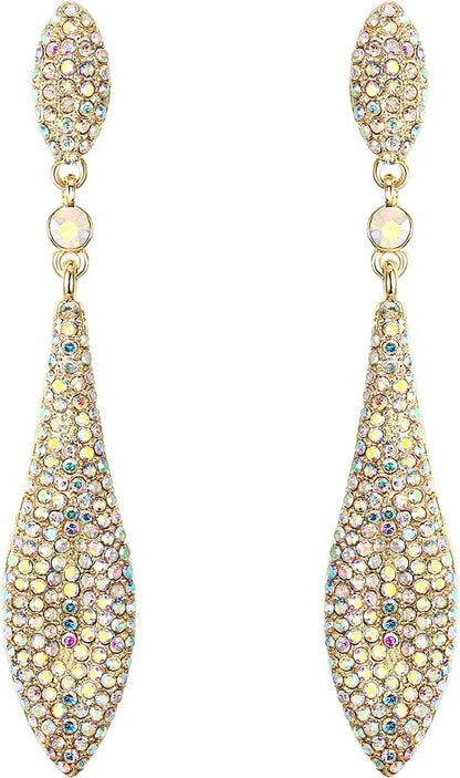 EVER FAITH Women'S Austrian Crystal Double Waterdrop Pierced Dangle Earrings 14_Iridescent AB Gold-Tone
