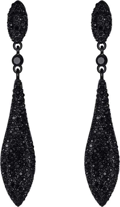 EVER FAITH Women'S Austrian Crystal Double Waterdrop Pierced Dangle Earrings 12_Jet Color Black-Tone