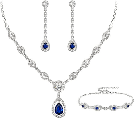 EVER FAITH Women'S CZ Lots Hollow-Out Teardrop Necklace Earrings Bracelet Set Silver-Tone Drop_Blue Silver-Tone