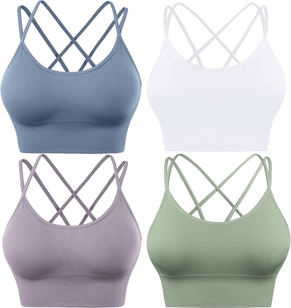 Evercute Cross Back Sport Bras Padded Strappy Criss Cross Cropped Bras for Yoga Workout Fitness Low Impact ⑥white Blue Green Lavender 4 Pack / XX-Large