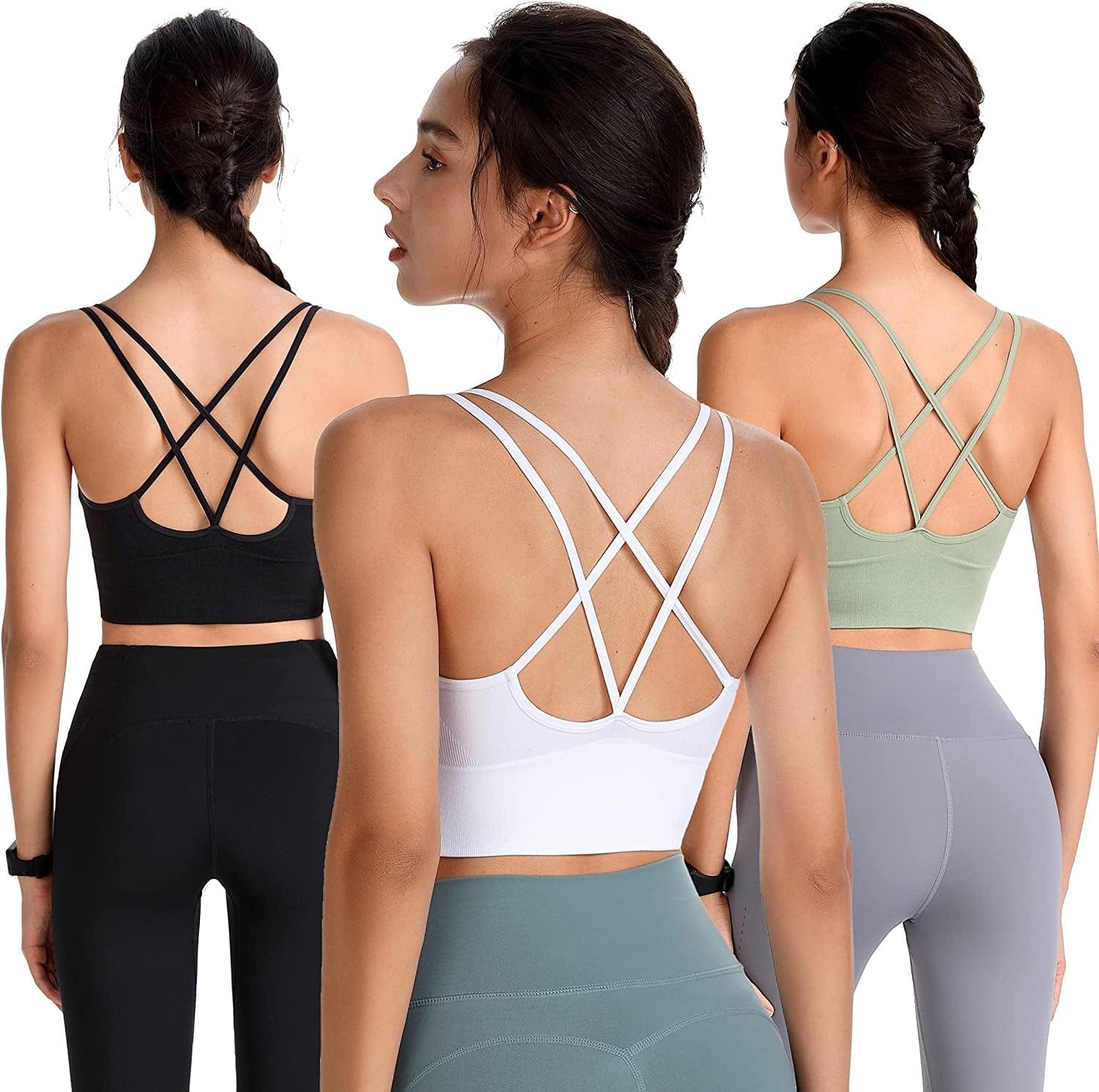Evercute Cross Back Sport Bras Padded Strappy Criss Cross Cropped Bras for Yoga Workout Fitness Low Impact ①green Black White 3 Pack / Medium