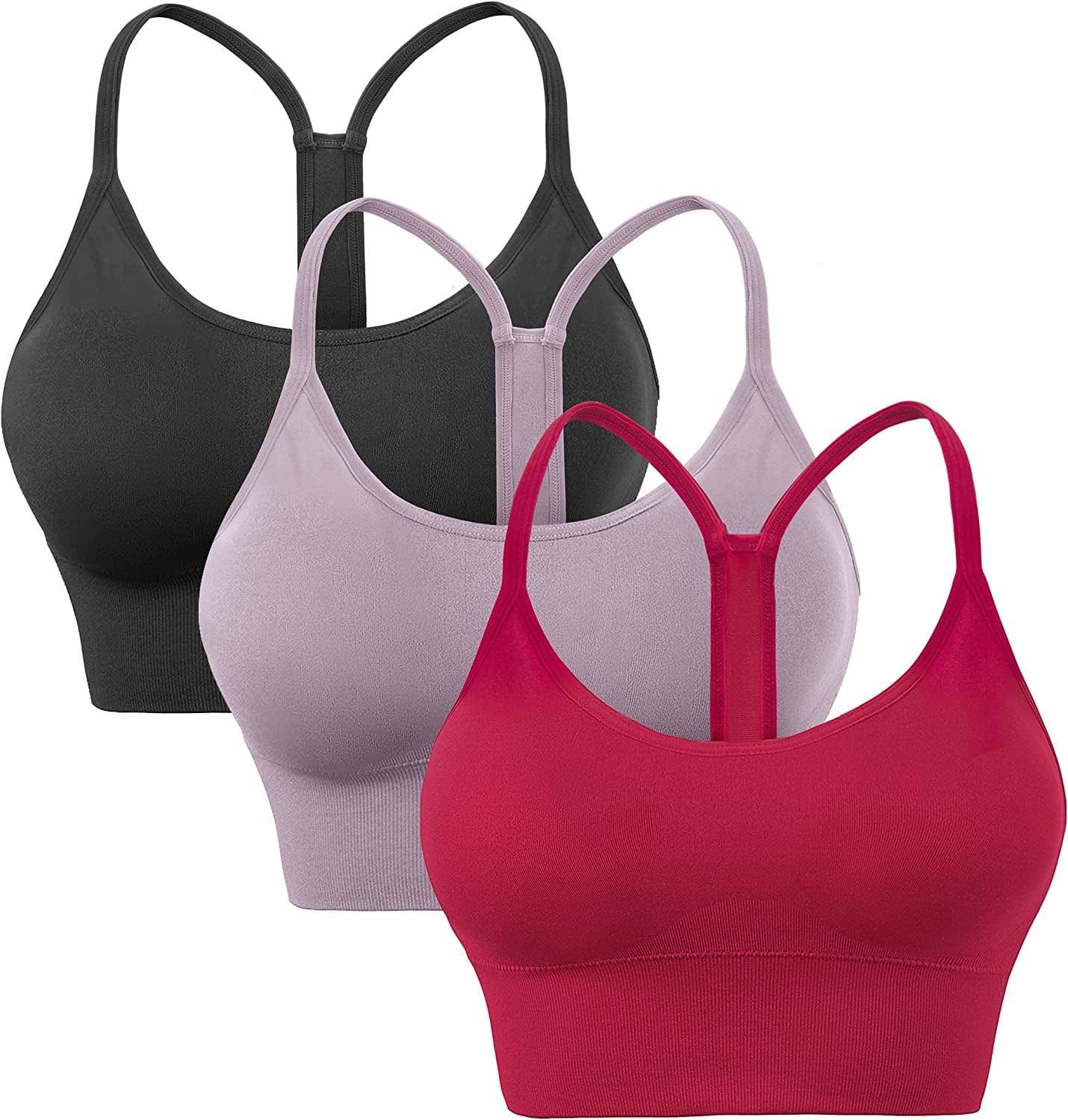Evercute Racerback Sports Bras Padded Y Racer Back Cropped Bras for Yoga Workout Fitness Low Impact Black Purple Red 3 Pack / X-Large