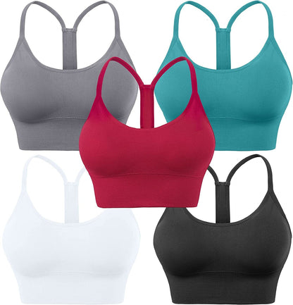 Evercute Racerback Sports Bras Padded Y Racer Back Cropped Bras for Yoga Workout Fitness Low Impact Black White Gray Red Peacock Blue 5 Pack / Medium