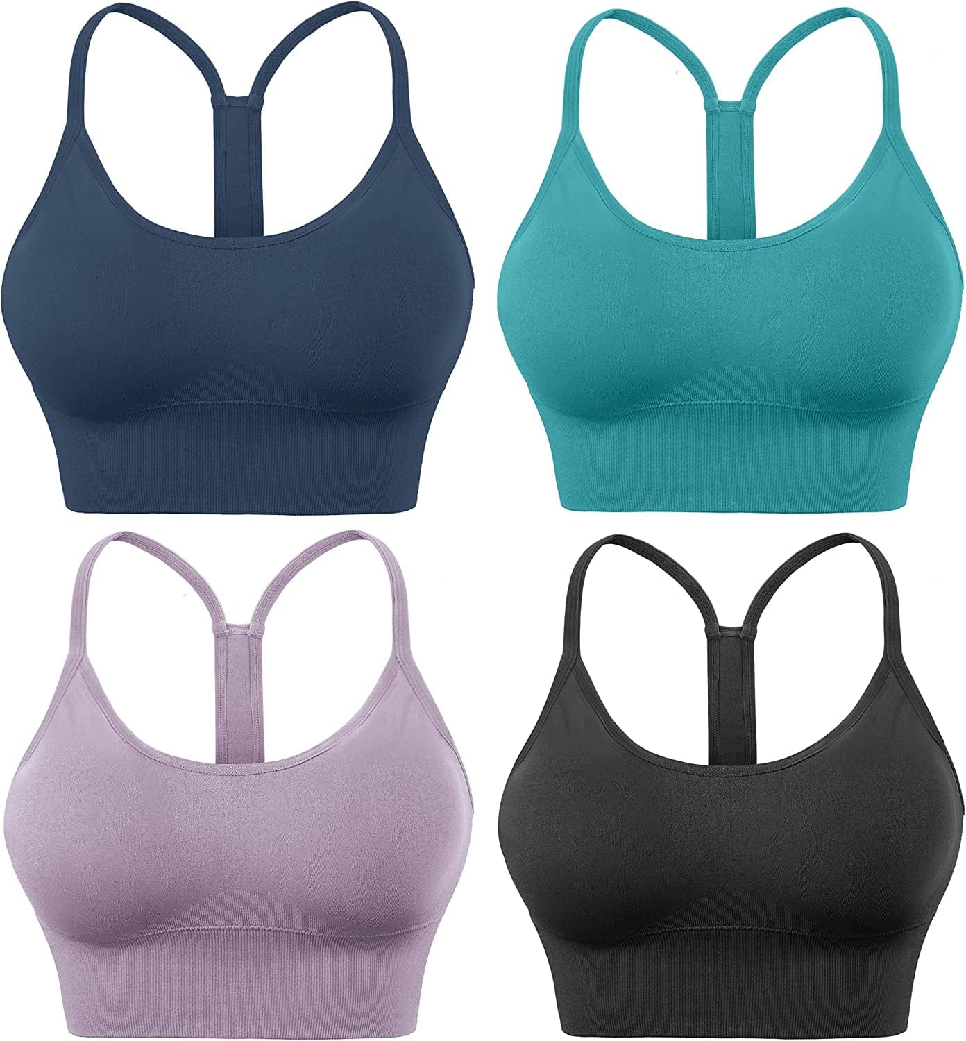 Evercute Racerback Sports Bras Padded Y Racer Back Cropped Bras for Yoga Workout Fitness Low Impact Black Navy Blue Purple Peacock Blue 4 Pack / Large