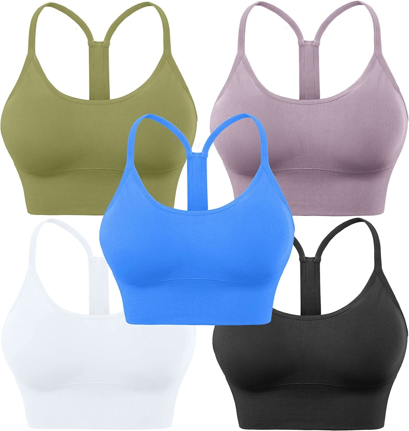 Evercute Racerback Sports Bras Padded Y Racer Back Cropped Bras for Yoga Workout Fitness Low Impact Black White Blue Purple Olive Green 5pack / Small
