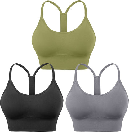 Evercute Racerback Sports Bras Padded Y Racer Back Cropped Bras for Yoga Workout Fitness Low Impact Black Gray Olive Green 3pack / Medium