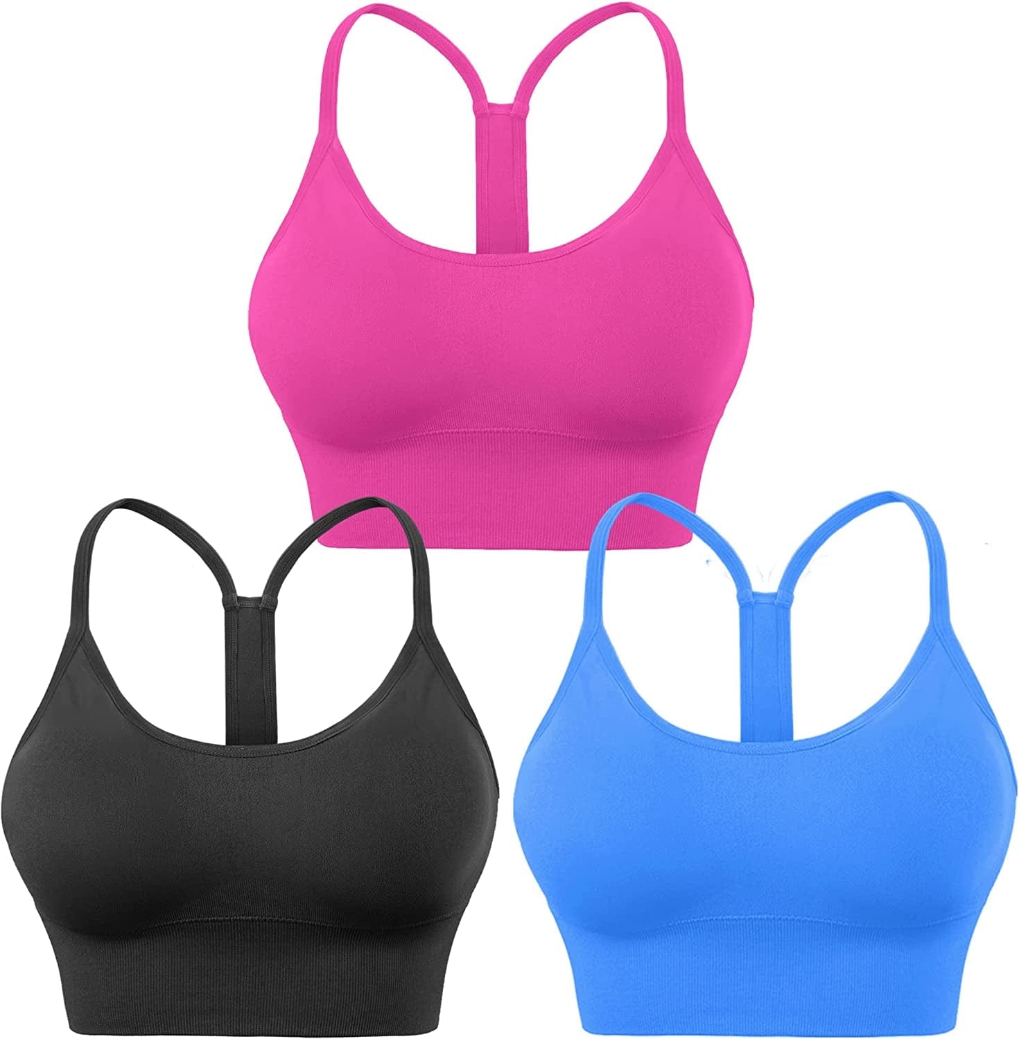 Evercute Racerback Sports Bras Padded Y Racer Back Cropped Bras for Yoga Workout Fitness Low Impact Black Blue Rose Red 3pack / X-Large