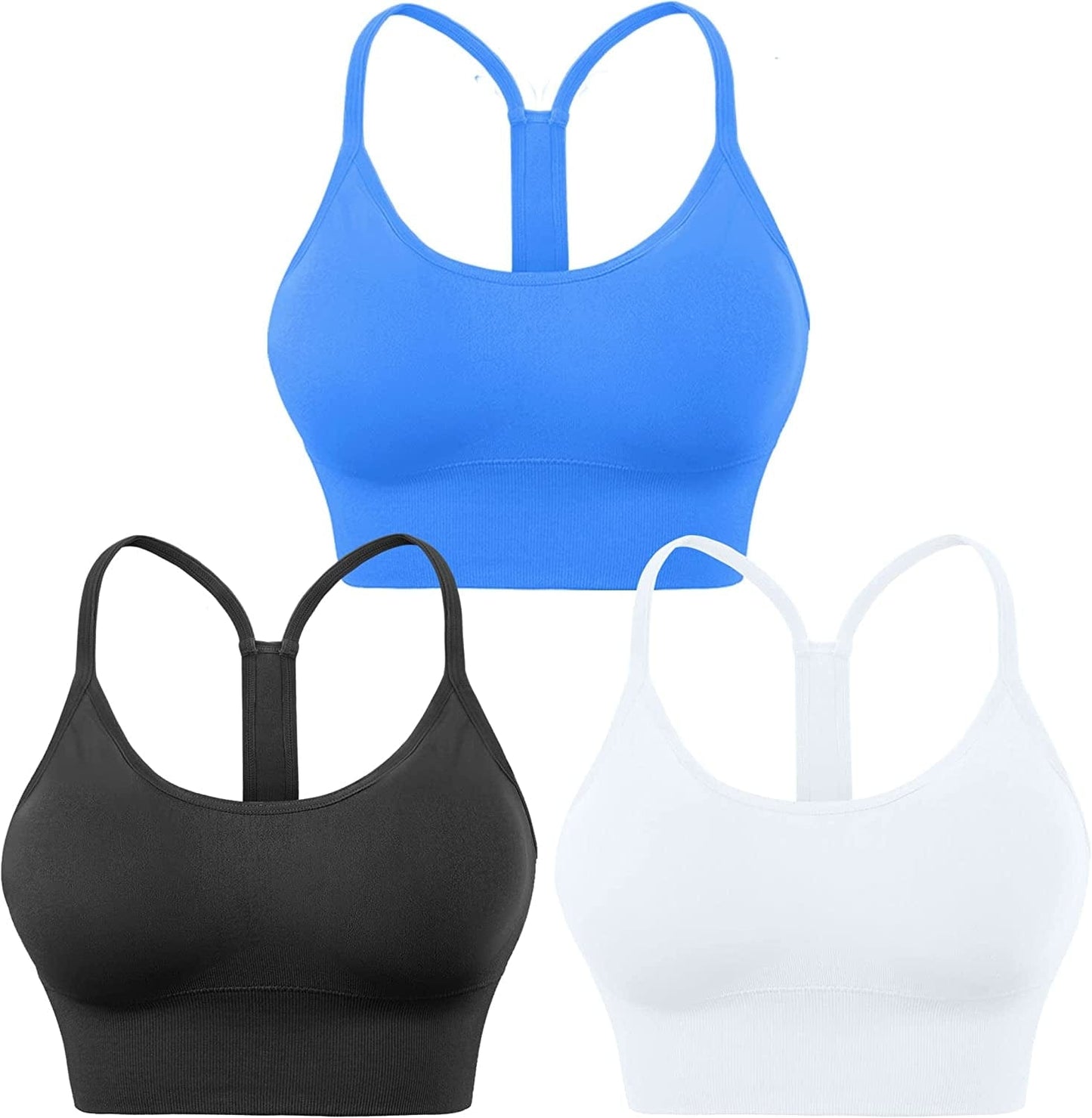 Evercute Racerback Sports Bras Padded Y Racer Back Cropped Bras for Yoga Workout Fitness Low Impact Black White Blue 3pack / Medium
