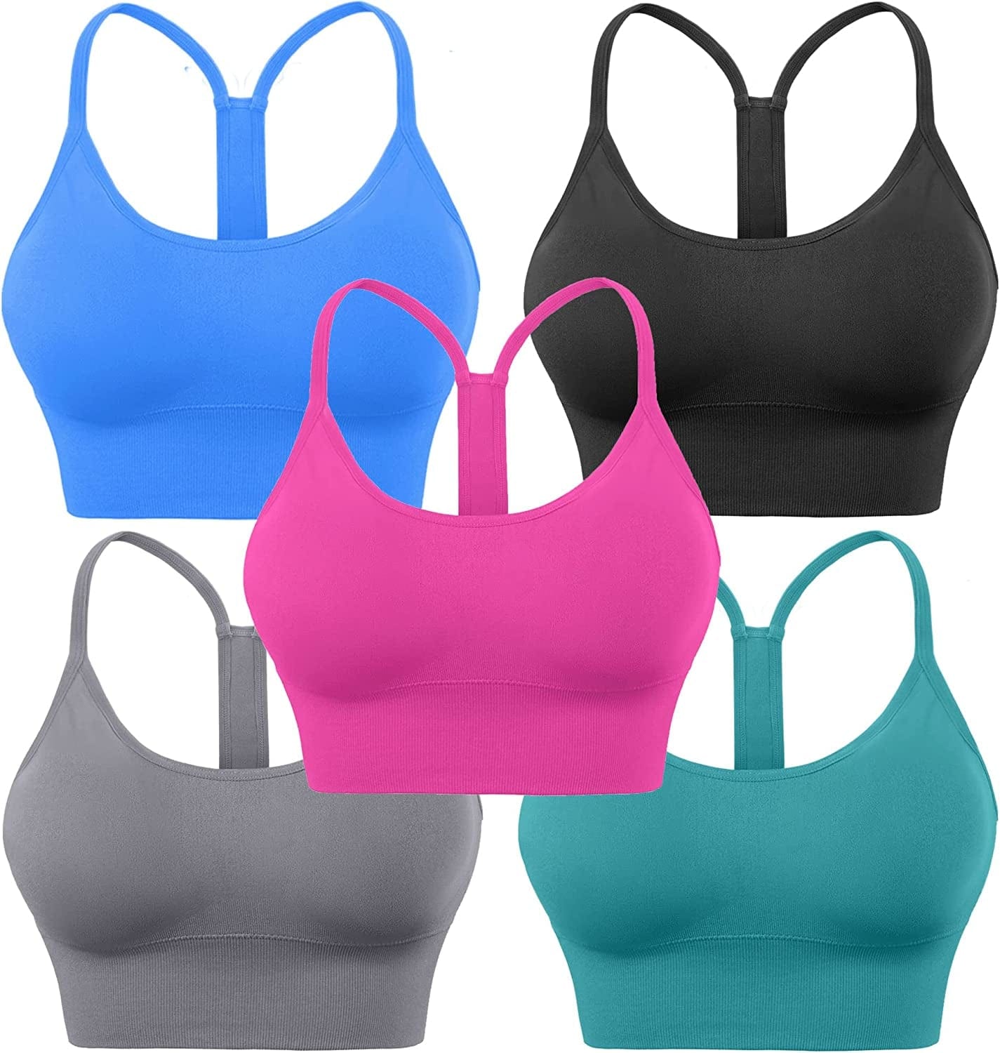 Evercute Racerback Sports Bras Padded Y Racer Back Cropped Bras for Yoga Workout Fitness Low Impact Black Gray Blue Hot Pink Peacock Blue 5pack / X-Large