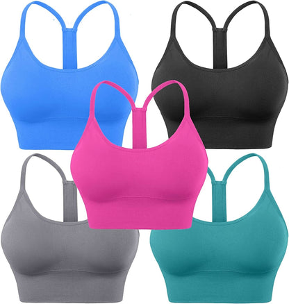 Evercute Racerback Sports Bras Padded Y Racer Back Cropped Bras for Yoga Workout Fitness Low Impact Black Gray Blue Hot Pink Peacock Blue 5pack / X-Large