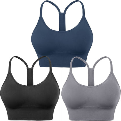 Evercute Racerback Sports Bras Padded Y Racer Back Cropped Bras for Yoga Workout Fitness Low Impact Navy Blue Black Gray 3 Pack / Large