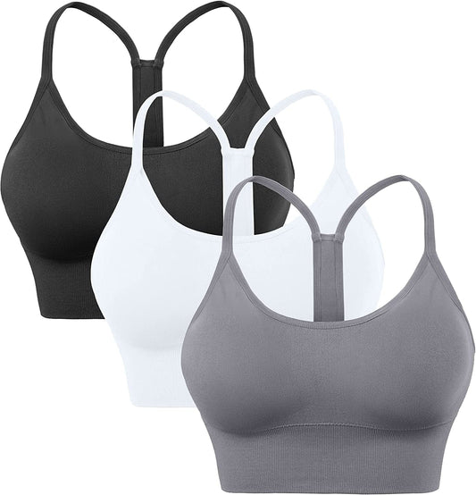 Evercute Racerback Sports Bras Padded Y Racer Back Cropped Bras for Yoga Workout Fitness Low Impact Black White Gray 3 Pack / X-Large