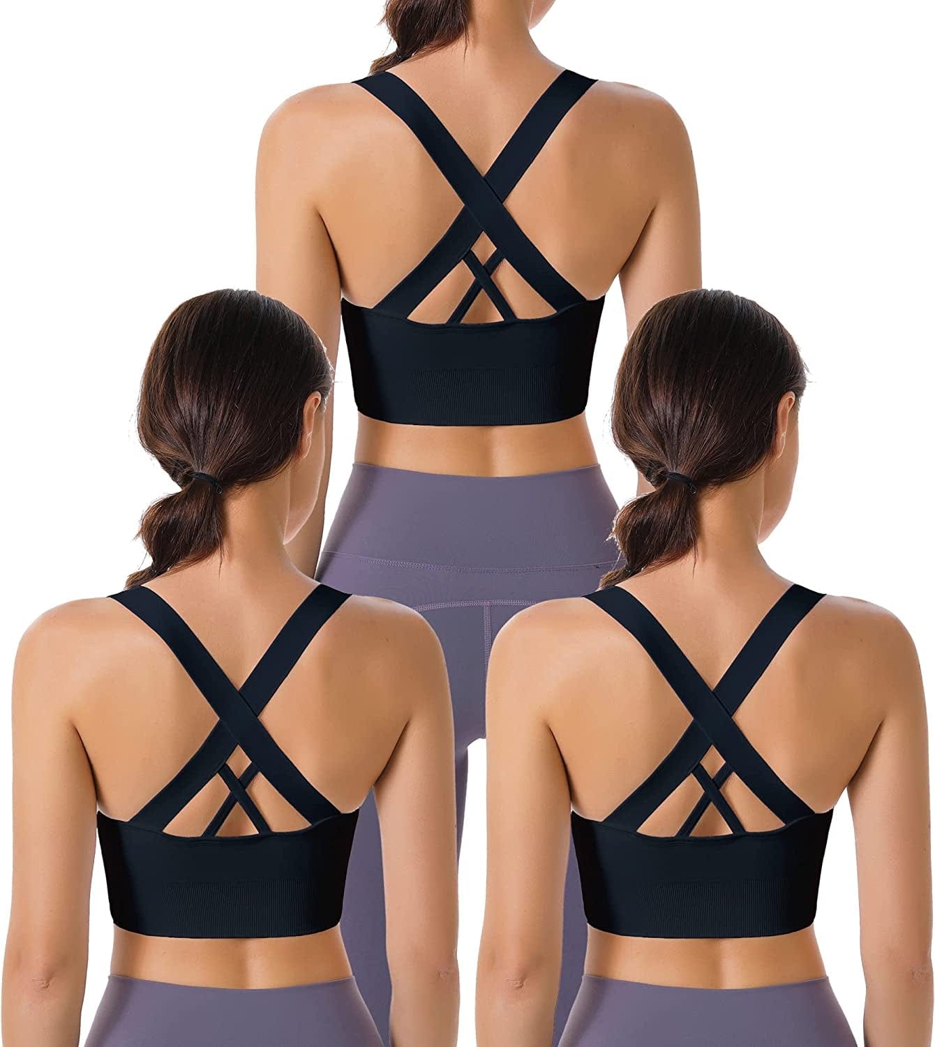 Evercute Sports Bra for Women Padded Medium Support Criss Cross Strappy Bras Seamless High Impact Yoga Exercise Athletic Bras Black Black Black 3 Pack / Large