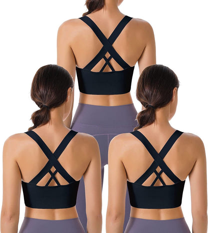 Evercute Sports Bra for Women Padded Medium Support Criss Cross Strappy Bras Seamless High Impact Yoga Exercise Athletic Bras Black Black Black 3 Pack / Large