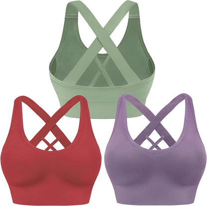 Evercute Sports Bra for Women Padded Medium Support Criss Cross Strappy Bras Seamless High Impact Yoga Exercise Athletic Bras Green Red Purple 3 Pack / Large