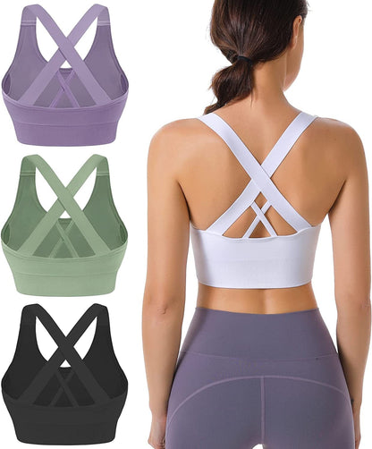 Evercute Sports Bra for Women Padded Medium Support Criss Cross Strappy Bras Seamless High Impact Yoga Exercise Athletic Bras Black White Purple Green 4 Pack / Small