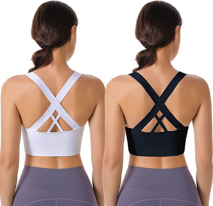 Evercute Sports Bra for Women Padded Medium Support Criss Cross Strappy Bras Seamless High Impact Yoga Exercise Athletic Bras White Black 2 Pack / X-Large