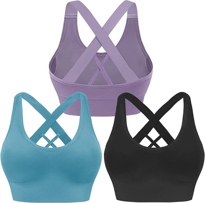Evercute Sports Bra for Women Padded Medium Support Criss Cross Strappy Bras Seamless High Impact Yoga Exercise Athletic Bras Black Purple Blue 3 Pack / Small