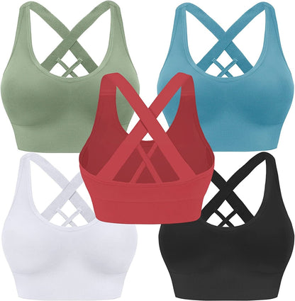 Evercute Sports Bra for Women Padded Medium Support Criss Cross Strappy Bras Seamless High Impact Yoga Exercise Athletic Bras ①black White Green Red Blue 5 Pack / Large