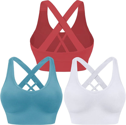 Evercute Sports Bra for Women Padded Medium Support Criss Cross Strappy Bras Seamless High Impact Yoga Exercise Athletic Bras White Blue Red 3 Pack / Large