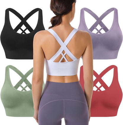 Evercute Sports Bra for Women Padded Medium Support Criss Cross Strappy Bras Seamless High Impact Yoga Exercise Athletic Bras ①black White Red Purple Green 5 Pack / Large