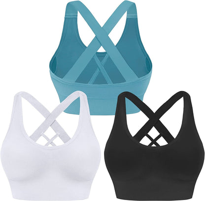 Evercute Sports Bra for Women Padded Medium Support Criss Cross Strappy Bras Seamless High Impact Yoga Exercise Athletic Bras Black White Blue 3 Pack / Medium