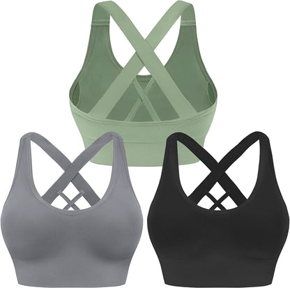 Evercute Sports Bra for Women Padded Medium Support Criss Cross Strappy Bras Seamless High Impact Yoga Exercise Athletic Bras Black Gray Green 3 Pack / Small