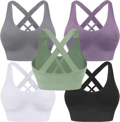 Evercute Sports Bra for Women Padded Medium Support Criss Cross Strappy Bras Seamless High Impact Yoga Exercise Athletic Bras ①black White Gray Purple Green 5 Pack / Medium