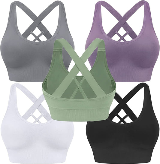 Evercute Sports Bra for Women Padded Medium Support Criss Cross Strappy Bras Seamless High Impact Yoga Exercise Athletic Bras ①black White Gray Purple Green 5 Pack / Medium
