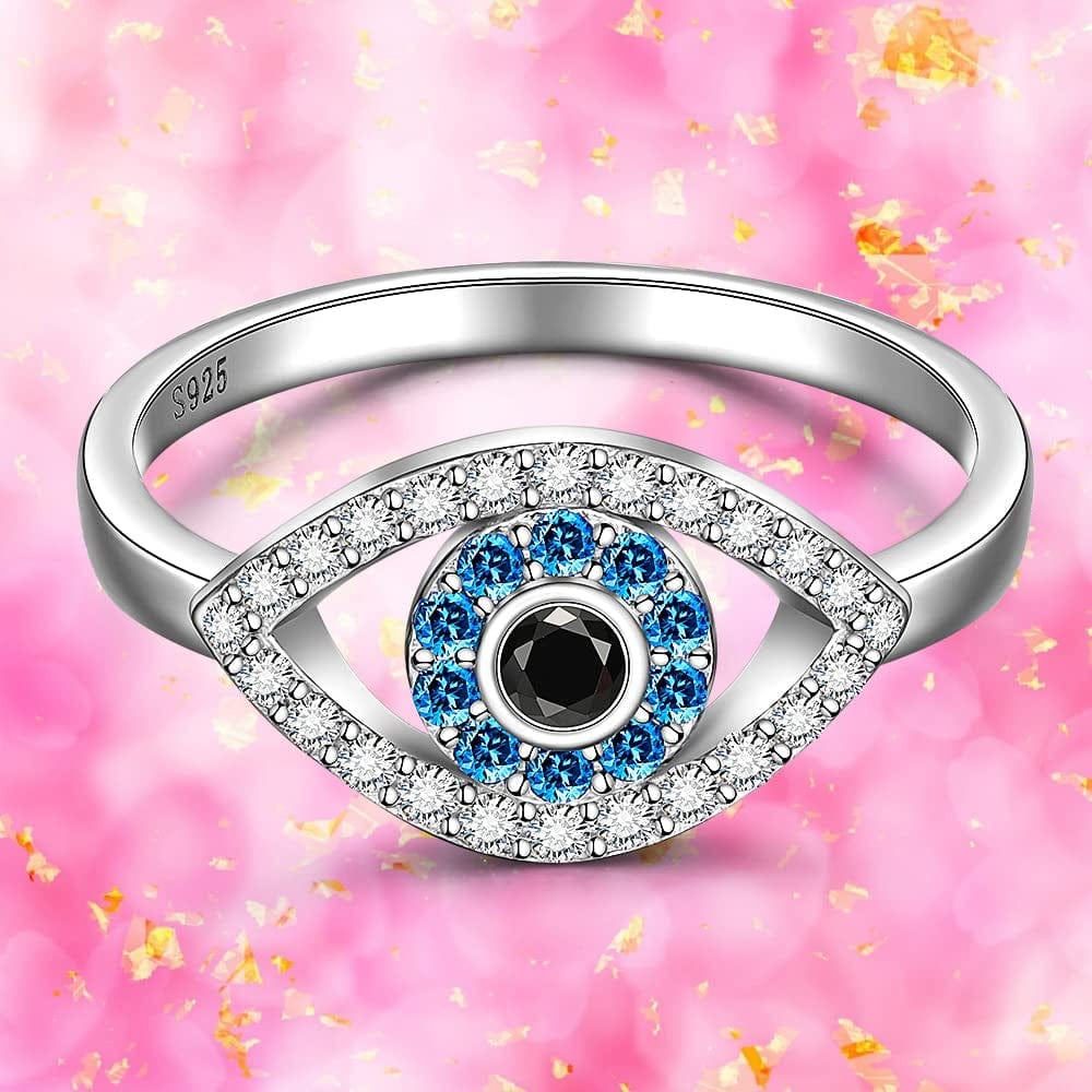 Evil Eye Ring Sterling Silver Protection Blue Sapphire Spiritual Turkish Rings for Women Men Mal De Ojo Greek Nazar Amulet Jewelry Size 6-10