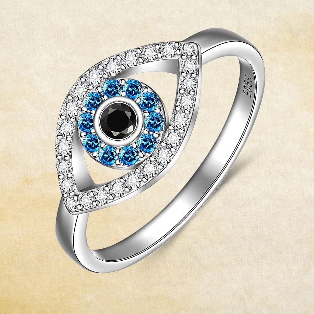 Evil Eye Ring Sterling Silver Protection Blue Sapphire Spiritual Turkish Rings for Women Men Mal De Ojo Greek Nazar Amulet Jewelry Size 6-10