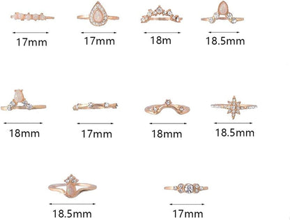 Exquisite Jewelry Ring Love Rings 10Pcs / Set Lady Water Drop Star Crown Faux Opal Stacking Knuckle Midi Finger Ring Wedding Band Best Gifts for Love with Valentine'S Day, Rose Gold,Silver