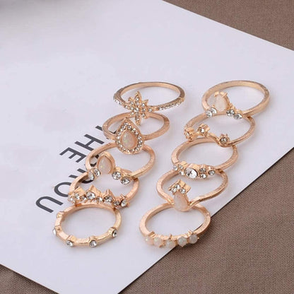 Exquisite Jewelry Ring Love Rings 10Pcs / Set Lady Water Drop Star Crown Faux Opal Stacking Knuckle Midi Finger Ring Wedding Band Best Gifts for Love with Valentine'S Day, Rose Gold,Silver