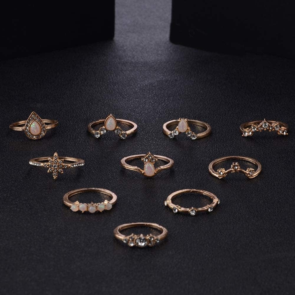 Exquisite Jewelry Ring Love Rings 10Pcs / Set Lady Water Drop Star Crown Faux Opal Stacking Knuckle Midi Finger Ring Wedding Band Best Gifts for Love with Valentine'S Day, Rose Gold,Silver