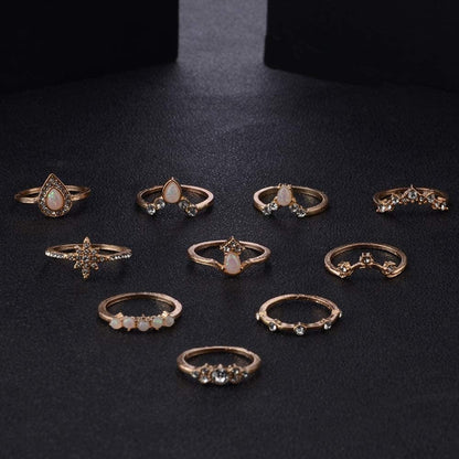 Exquisite Jewelry Ring Love Rings 10Pcs / Set Lady Water Drop Star Crown Faux Opal Stacking Knuckle Midi Finger Ring Wedding Band Best Gifts for Love with Valentine'S Day, Rose Gold,Silver