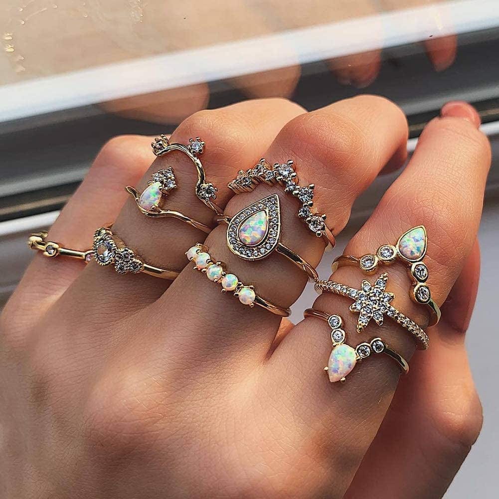 Exquisite Jewelry Ring Love Rings 10Pcs / Set Lady Water Drop Star Crown Faux Opal Stacking Knuckle Midi Finger Ring Wedding Band Best Gifts for Love with Valentine'S Day, Rose Gold,Silver