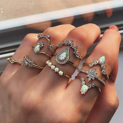 Exquisite Jewelry Ring Love Rings 10Pcs / Set Lady Water Drop Star Crown Faux Opal Stacking Knuckle Midi Finger Ring Wedding Band Best Gifts for Love with Valentine'S Day, Rose Gold,Silver