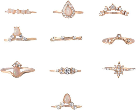Exquisite Jewelry Ring Love Rings 10Pcs / Set Lady Water Drop Star Crown Faux Opal Stacking Knuckle Midi Finger Ring Wedding Band Best Gifts for Love with Valentine'S Day, Rose Gold,Silver