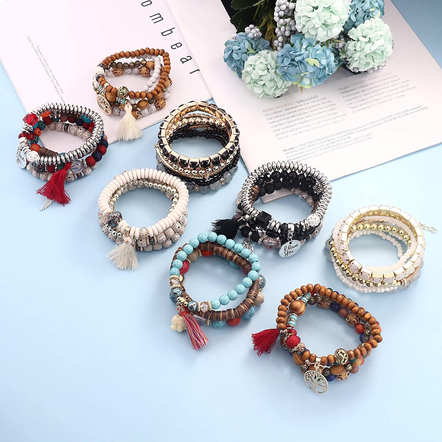 LOYALLOOK 8 Sets Bohemian Stretch Wood Beaded Bracelets for Women Boho Tassel Bracelet Set Bead Strand Bangle Charm Multilayer Stackable Bracelets Apparel & Accessories > Jewelry > Bracelets LOYALLOOK   