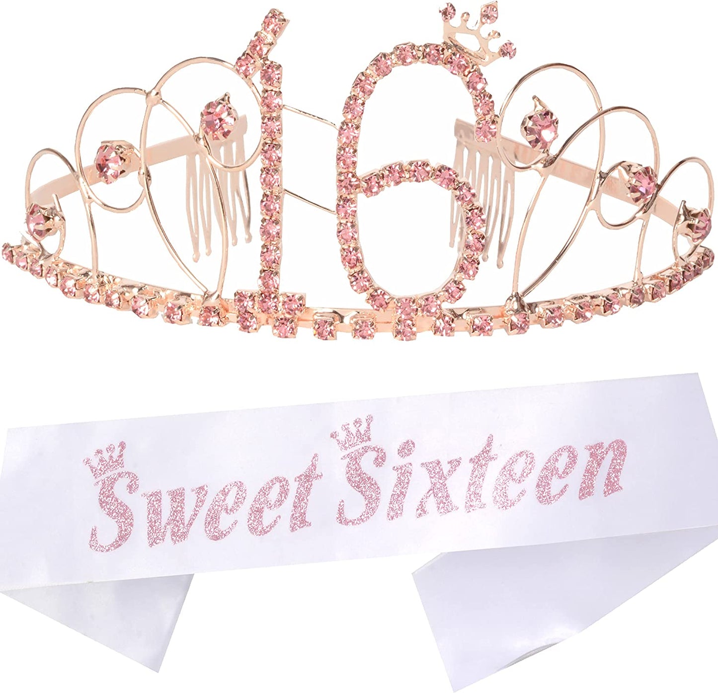 MEANT2TOBE 16Th Birthday Sash and Tiara for Girls - Fabulous Set: Glitter Sash + Basic Rhinestone Pink Premium Metal Tiara, 16Th Birthday Gifts for Sweet 16 Birthday Party Apparel & Accessories > Clothing Accessories > Sashes MEANT2TOBE Pink, White  