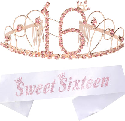 MEANT2TOBE 16Th Birthday Sash and Tiara for Girls - Fabulous Set: Glitter Sash + Basic Rhinestone Pink Premium Metal Tiara, 16Th Birthday Gifts for Sweet 16 Birthday Party Apparel & Accessories > Clothing Accessories > Sashes MEANT2TOBE Pink, White  