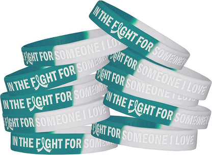 In the Fight for Someone I Love Silicone Wristband Bracelet Premium Quality 10-Pack (Assorted Colors) Apparel & Accessories > Jewelry > Bracelets Fight Like a Girl Teal, White  