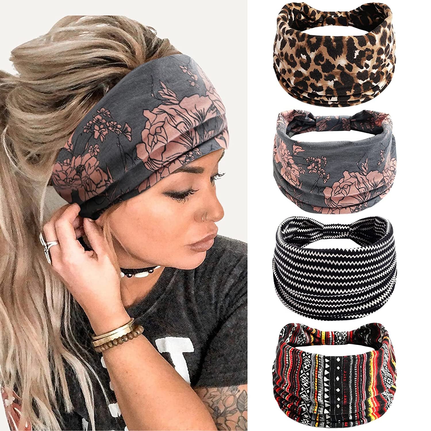Wide Headbands for Women Black Stylish Head Wraps Boho Thick Hairbands Large African Sport Yoga Turban Headband Hair Accessories (Pack of 4) Apparel & Accessories > Clothing Accessories > Bandanas & Headties Huachi Headbands 6  