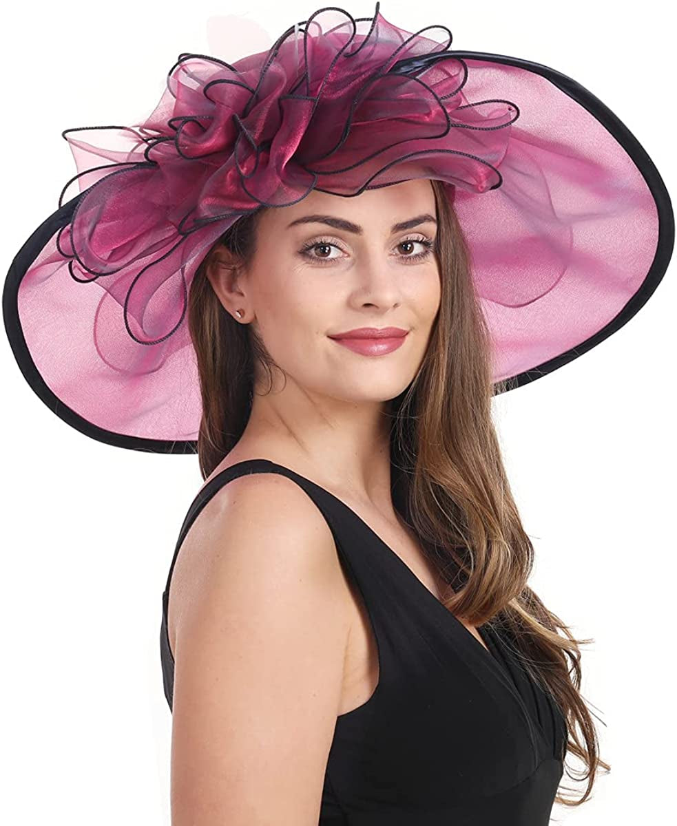 Lucky Leaf Women Kentucky Derby Church Cap Wide Brim Summer Sun Hat for Party Wedding Apparel & Accessories > Clothing Accessories > Headwear Lucky Leaf Large Fuchsia/Navy  